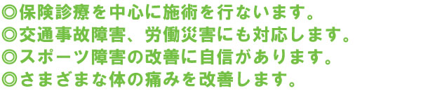 ◎保険診療を中心に施術を行っております。 ◎交通事故、労働災害にも対応します。 ◎スポーツ障害による痛み改善のことならお任せ下さい。 ◎さまざまな体の痛みを緩和致します。